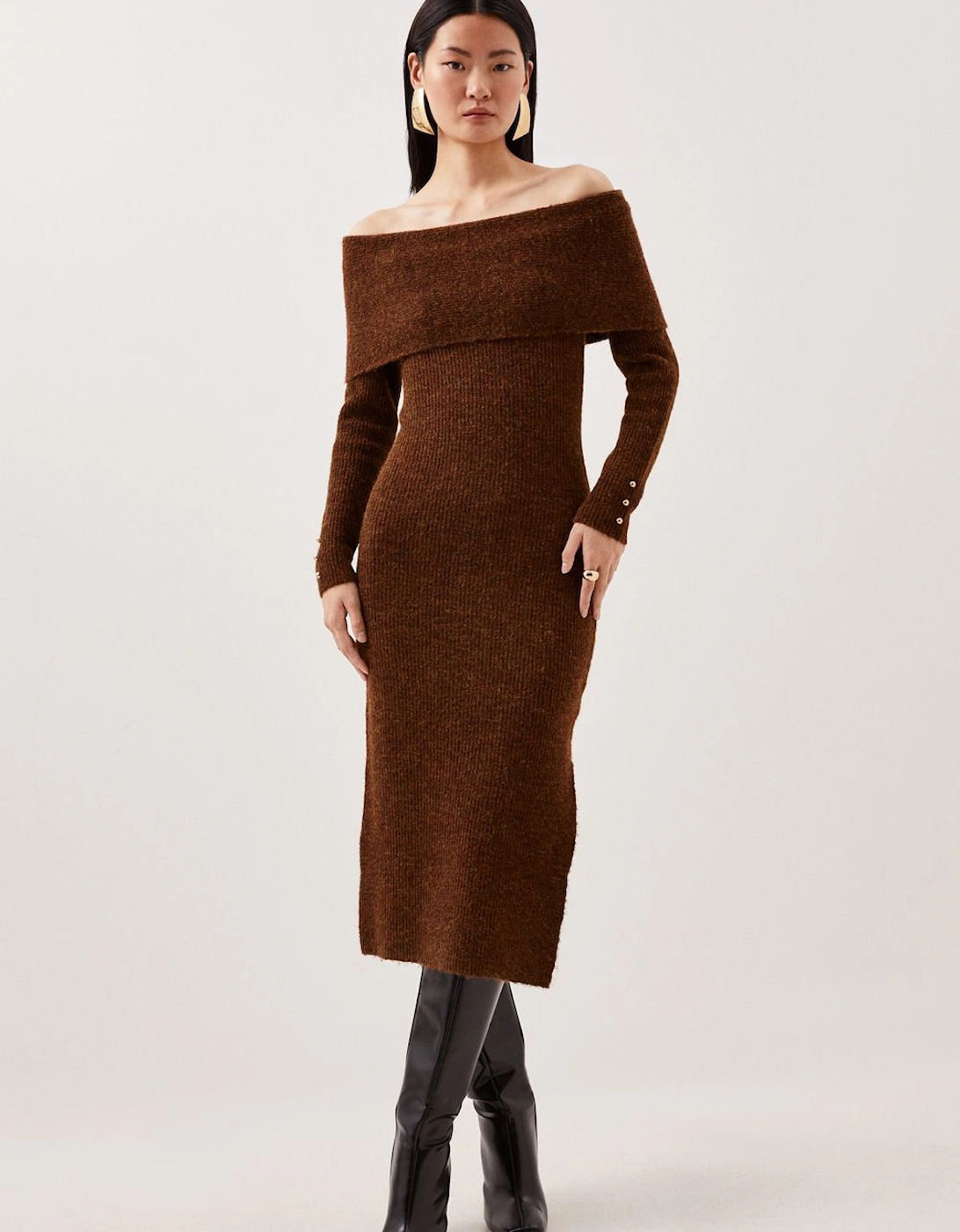 Wool Blend Cosy Bardot Knit Midi Dress, 2 of 1