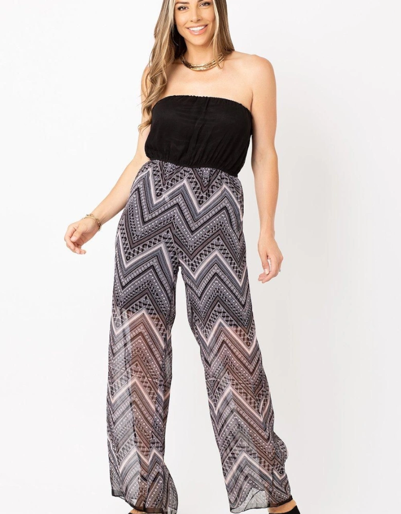 Plain Black Contrast Printed Chiffon Jumpsuit