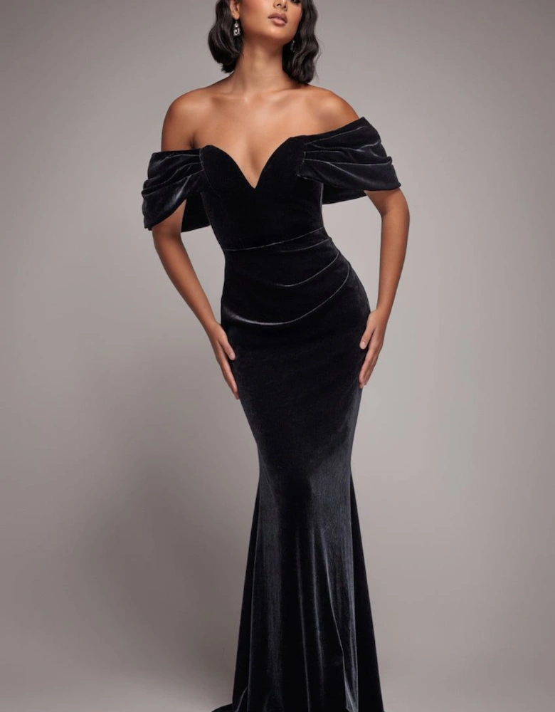 Off The Shoulder Deep Plunge Velvet Maxi Dress
