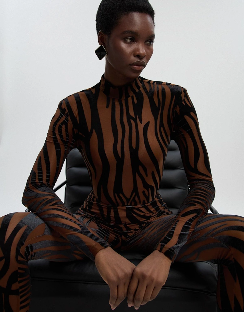 Animal Stretch Velvet Devore High Neck Catsuit