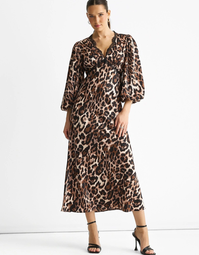 Brown Animal Lace Trim Satin Bias Midi Dress