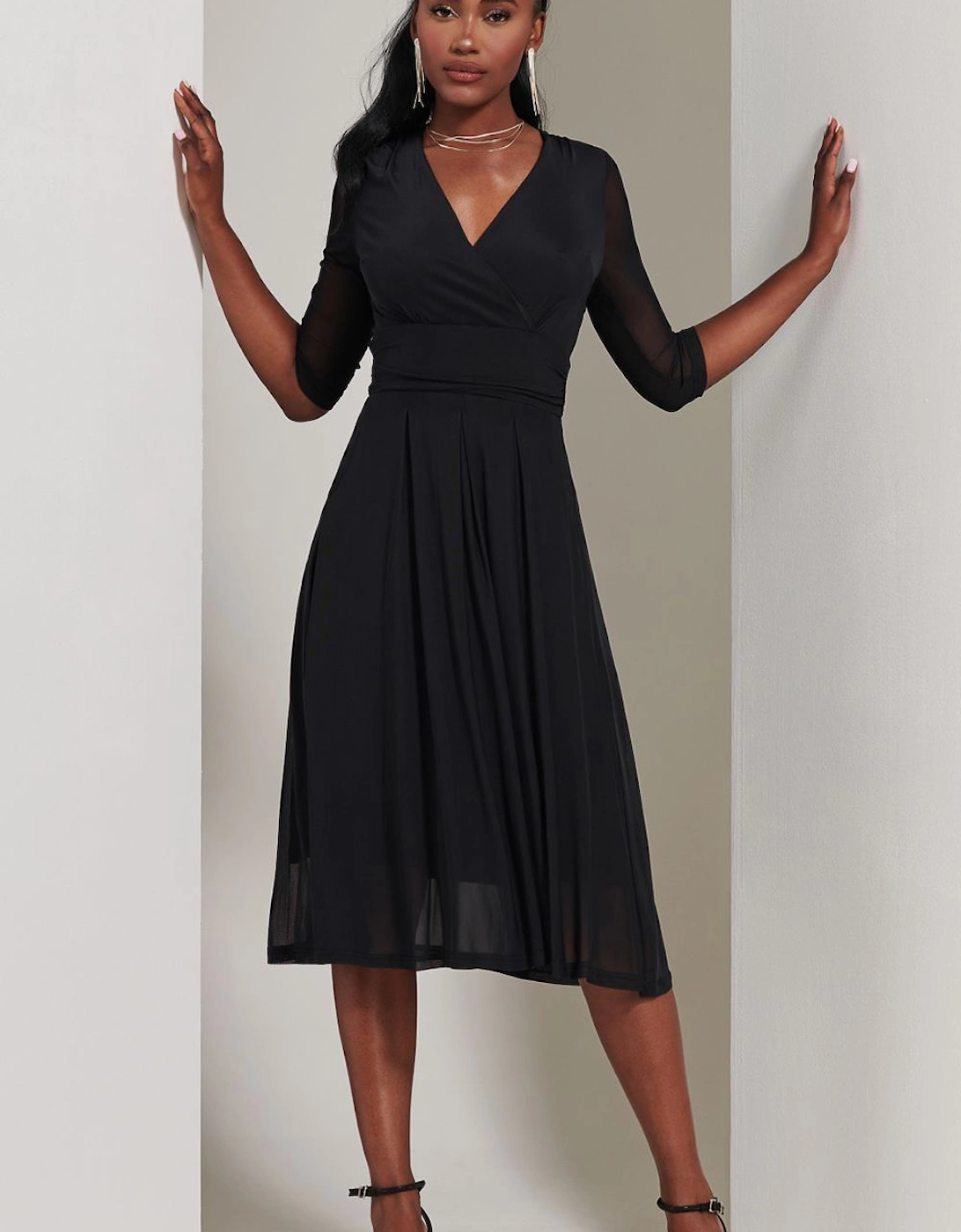 Yuka Mesh Wrap Bodice Midi Dress, 2 of 1