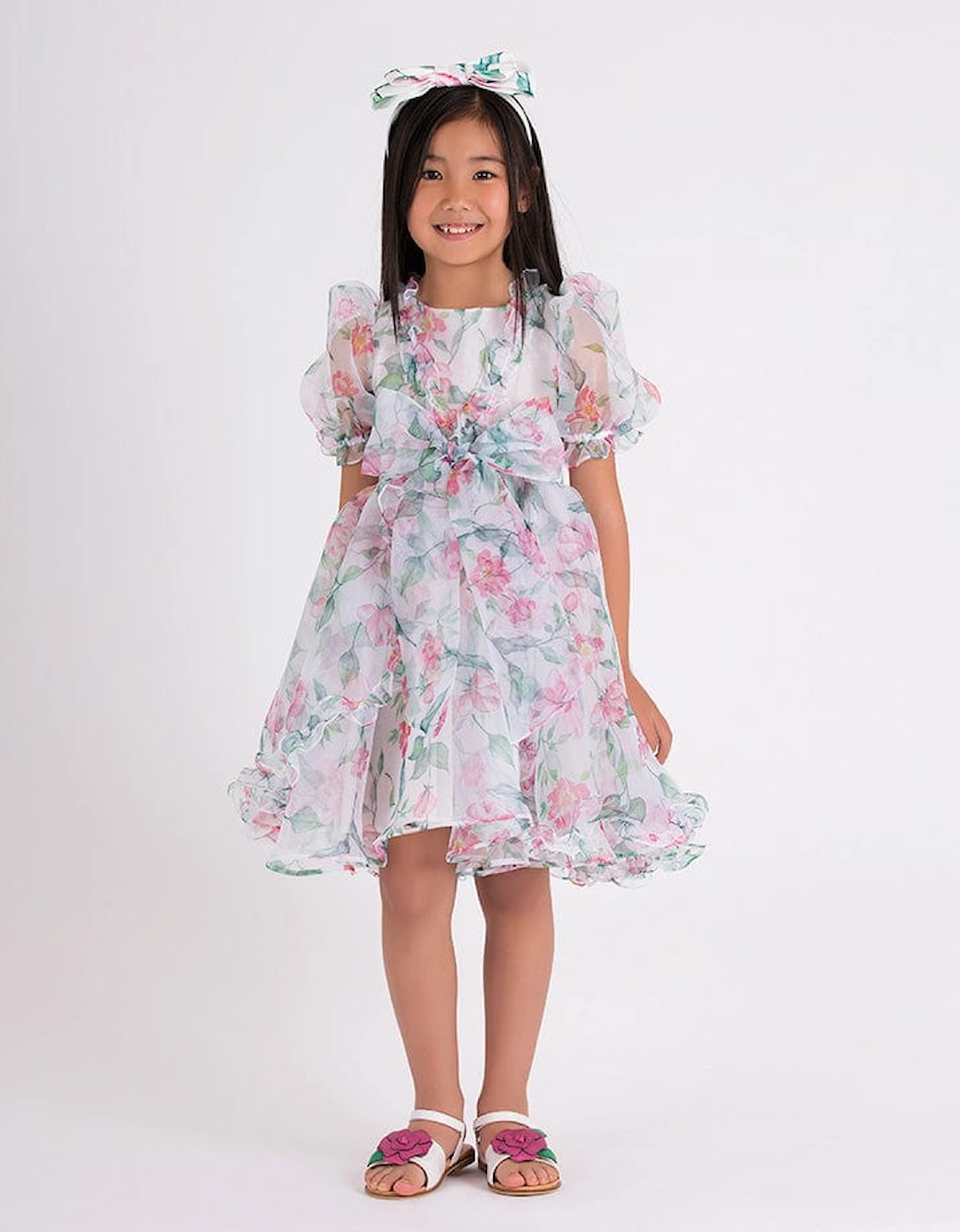 Girls Organza Ruffle Rose Dress in White