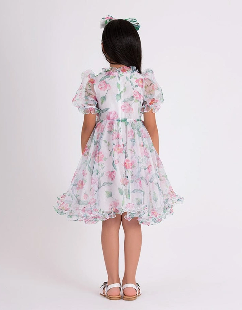 Girls Organza Ruffle Rose Dress in White