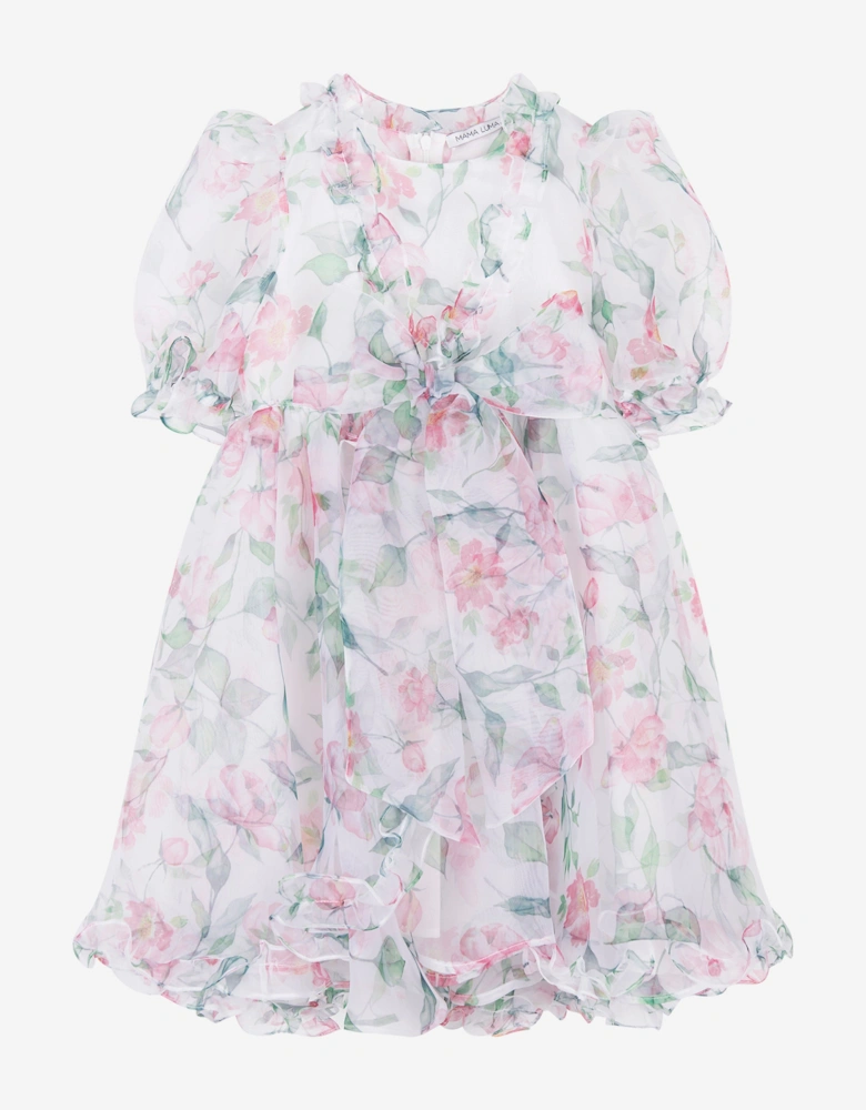 Girls Organza Ruffle Rose Dress in White