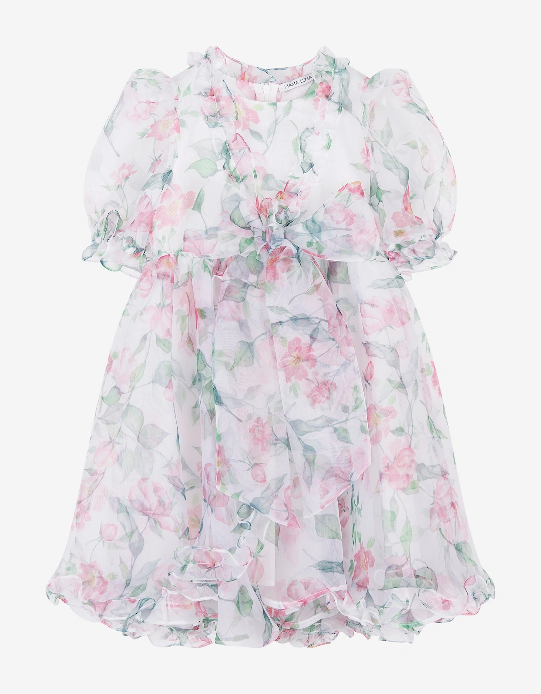 Girls Organza Ruffle Rose Dress in White, 7 of 6