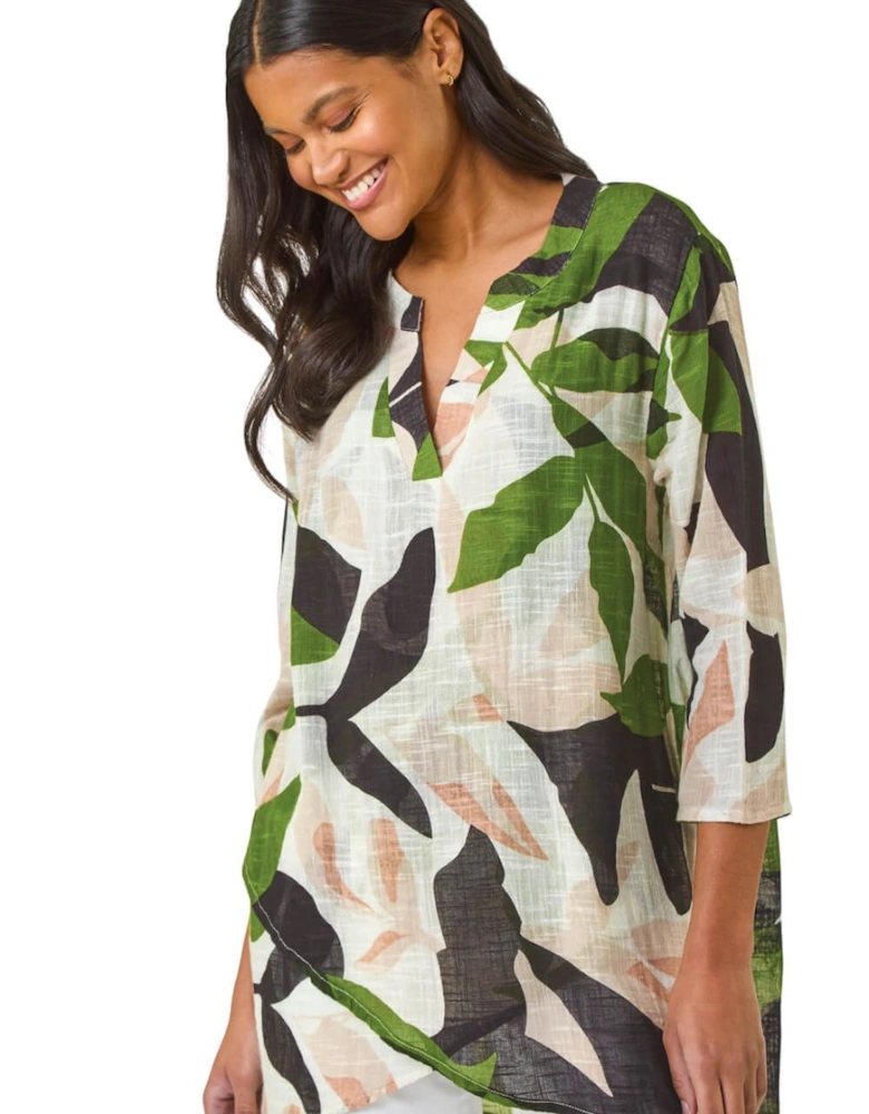 Leaf Print Wrap Front Tunic Top