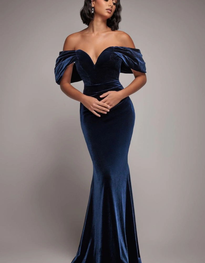 Off The Shoulder Deep Plunge Velvet Maxi Dress