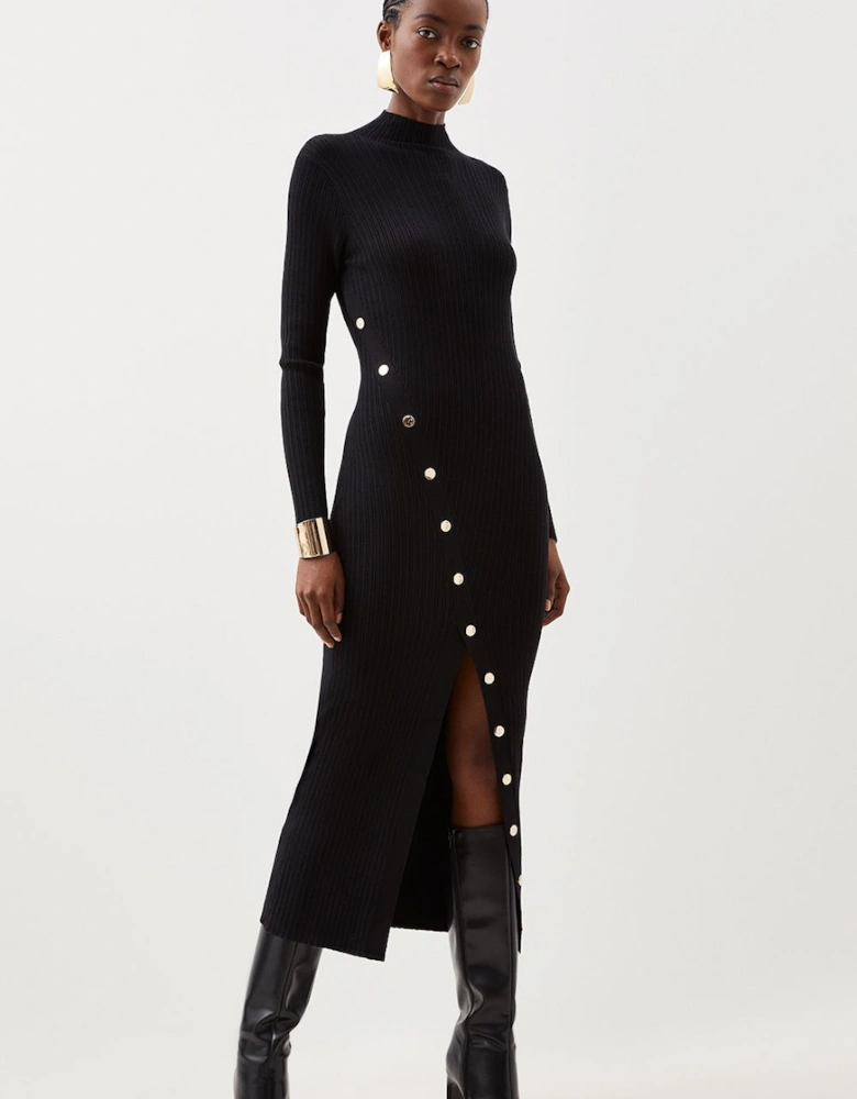 Viscose Blend Popper Detail Split Knit Midi Dress
