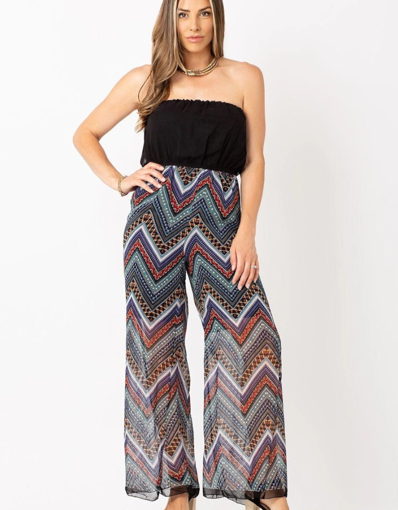 Plain Black Contrast Printed Chiffon Jumpsuit