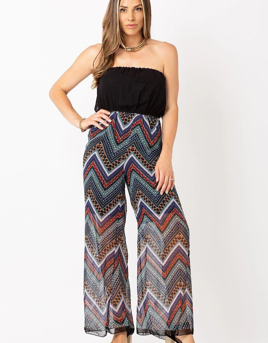 Plain Black Contrast Printed Chiffon Jumpsuit, 2 of 1