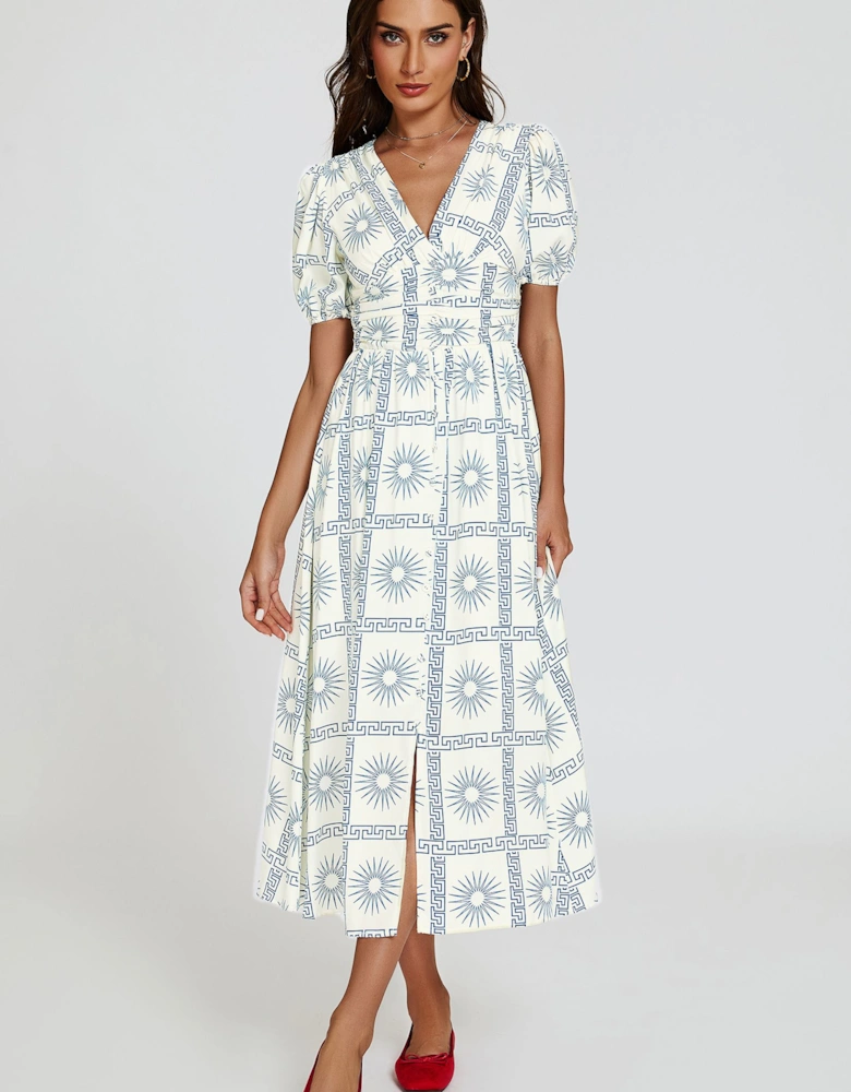 Geo Print Midi V neckline Dress In White