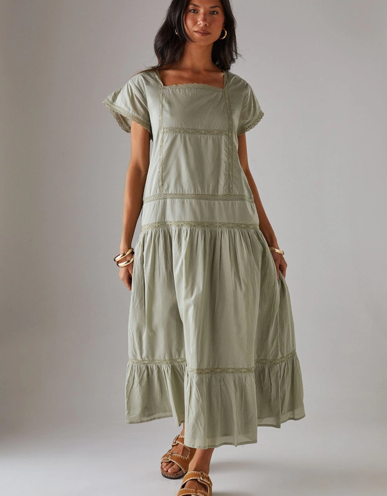 Cotton Lace Square Neck Midi Smock Dress