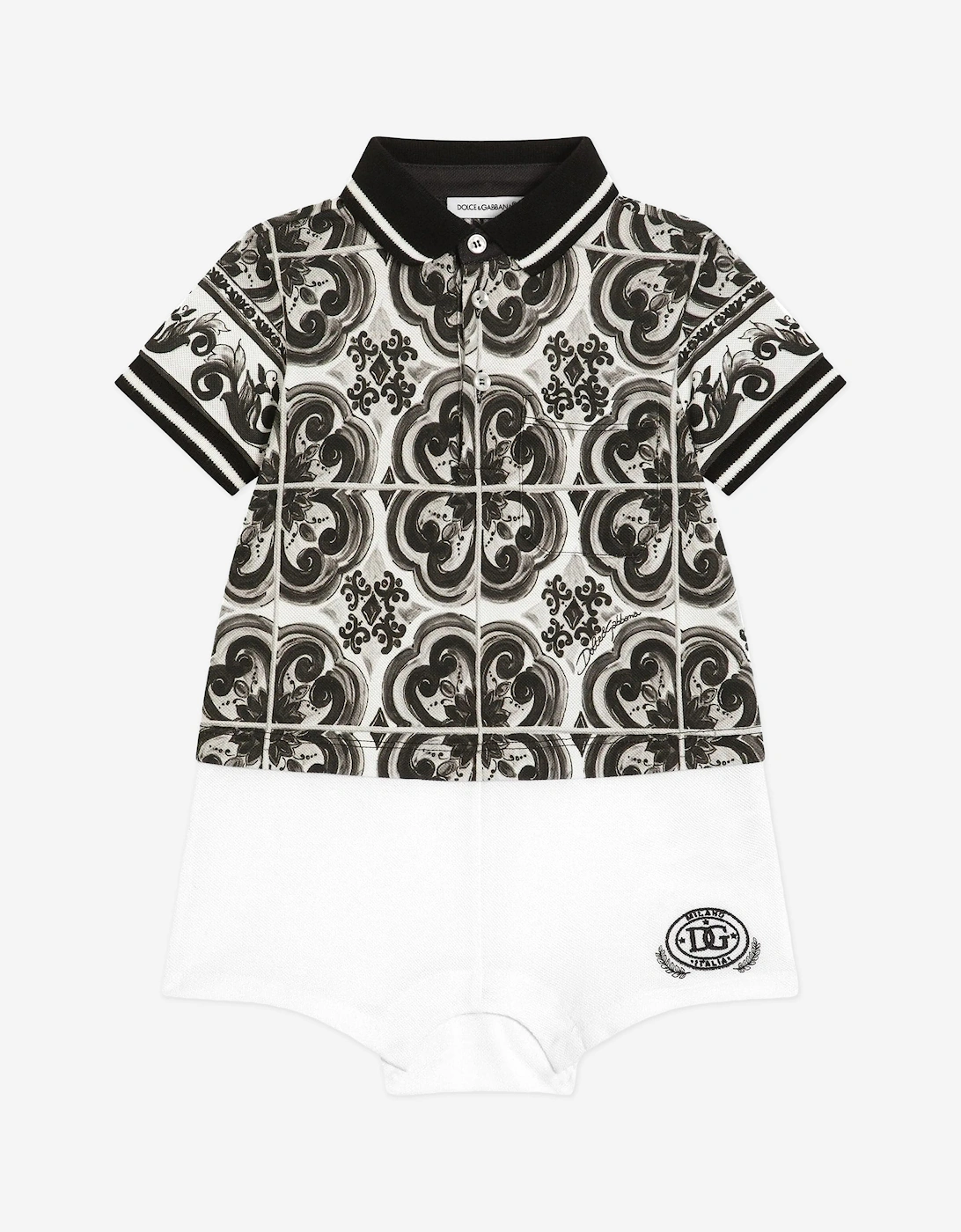 Baby Boys Majolica Print Romper in Black, 5 of 4