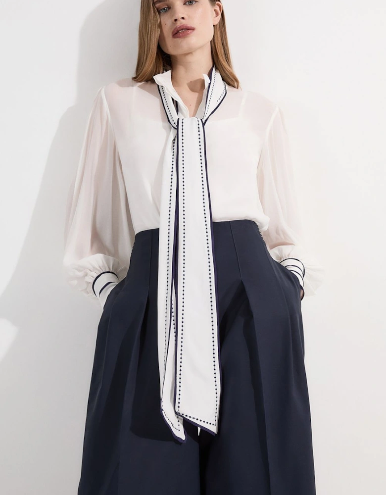 Archive Collection - Petite Balloon Sleeve Contrast Stitch Bow Woven Blouse