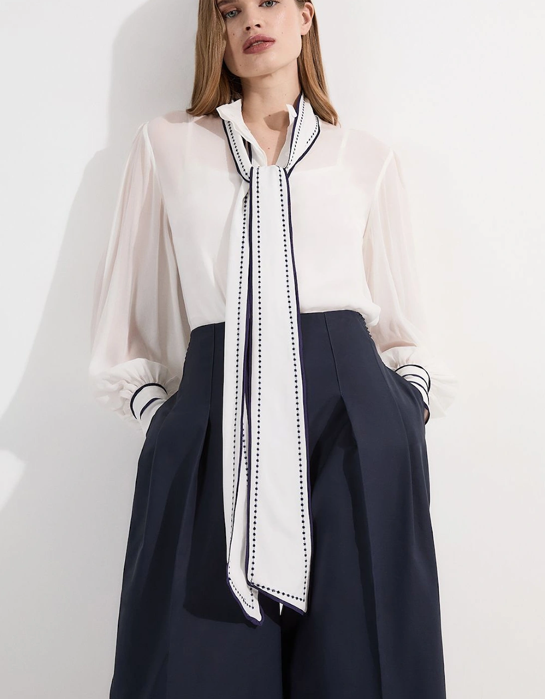 Archive Collection - Petite Balloon Sleeve Contrast Stitch Bow Woven Blouse, 2 of 1