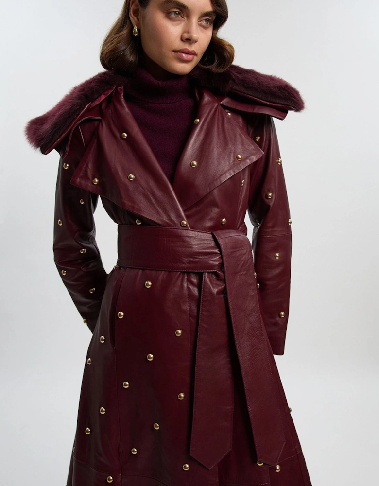 Leather & Shearling Collar Studded Belted Maxi Coat