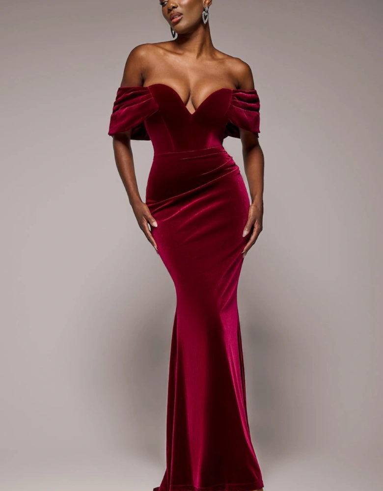 Off The Shoulder Deep Plunge Velvet Maxi Dress
