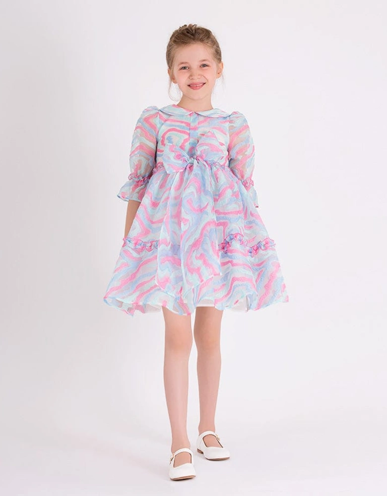 Girls Abstract Curve Organza Dress in Blue