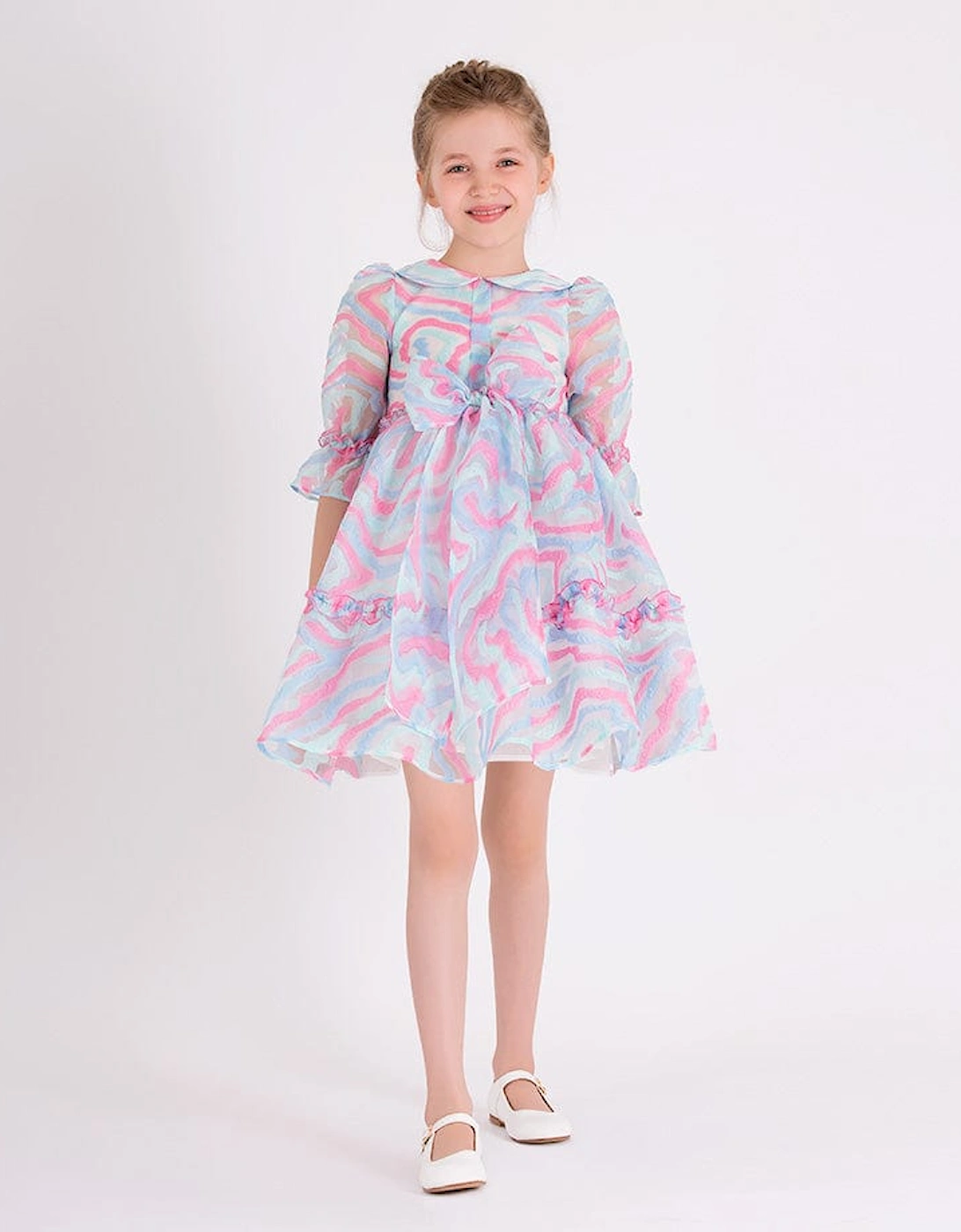 Girls Abstract Curve Organza Dress in Blue