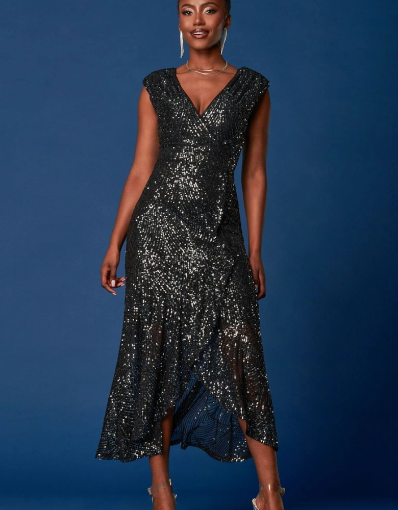 Sequin Wrap Ruffle Hem Maxi Dress