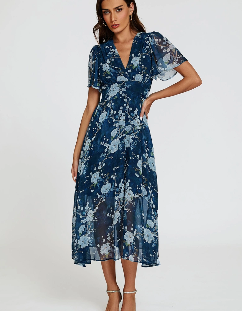 Floral Print Midi V neckline Dress In Navy
