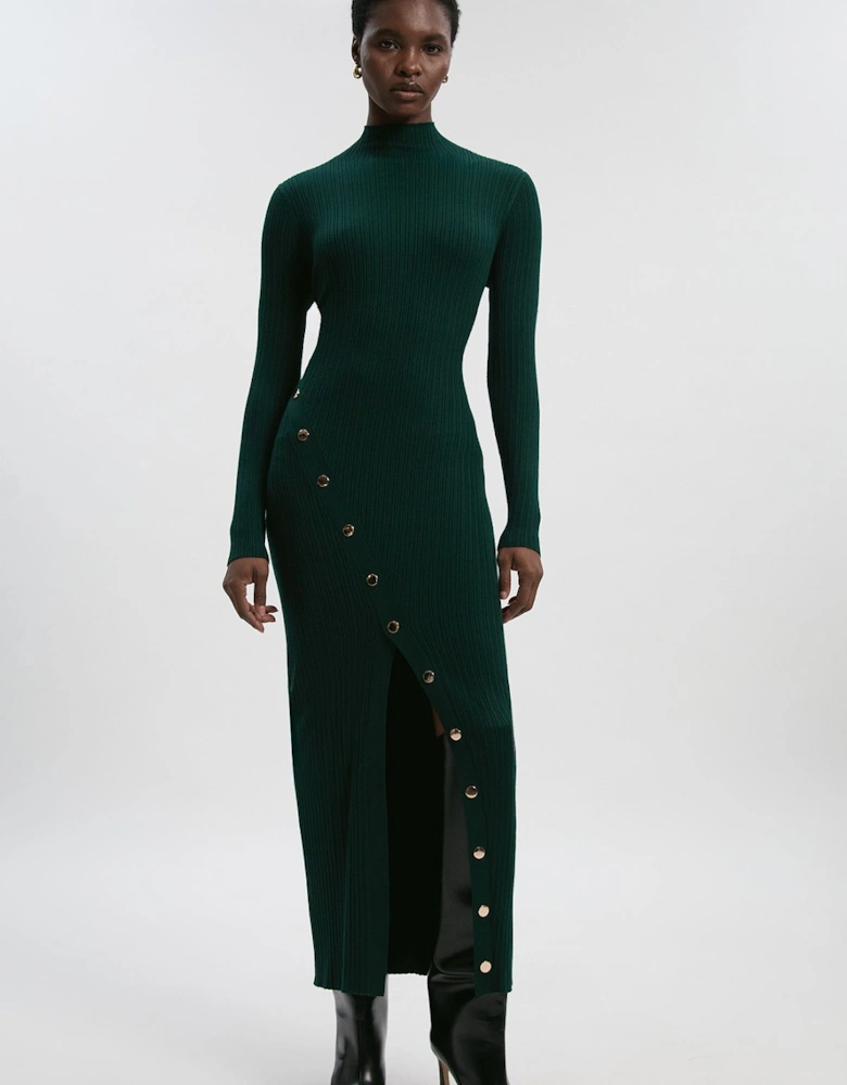 Viscose Blend Popper Detail Split Knit Midi Dress
