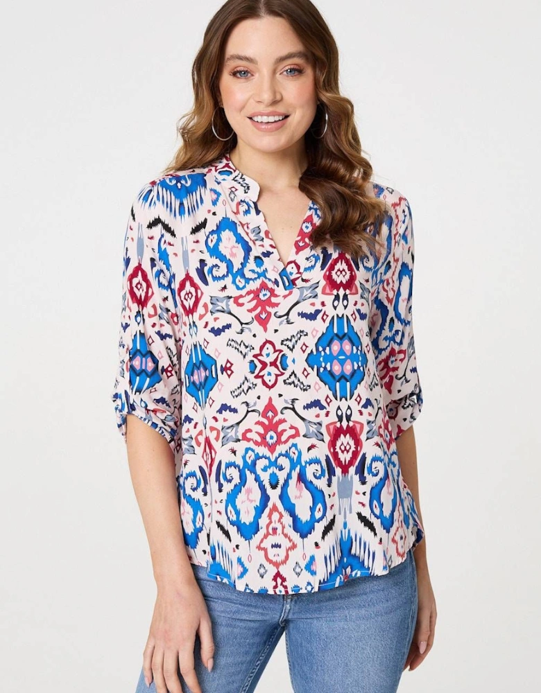 Ikat Print 3/4 Sleeve V-Neck Blouse