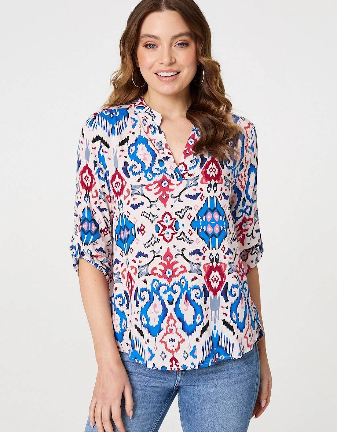 Ikat Print 3/4 Sleeve V-Neck Blouse, 2 of 1