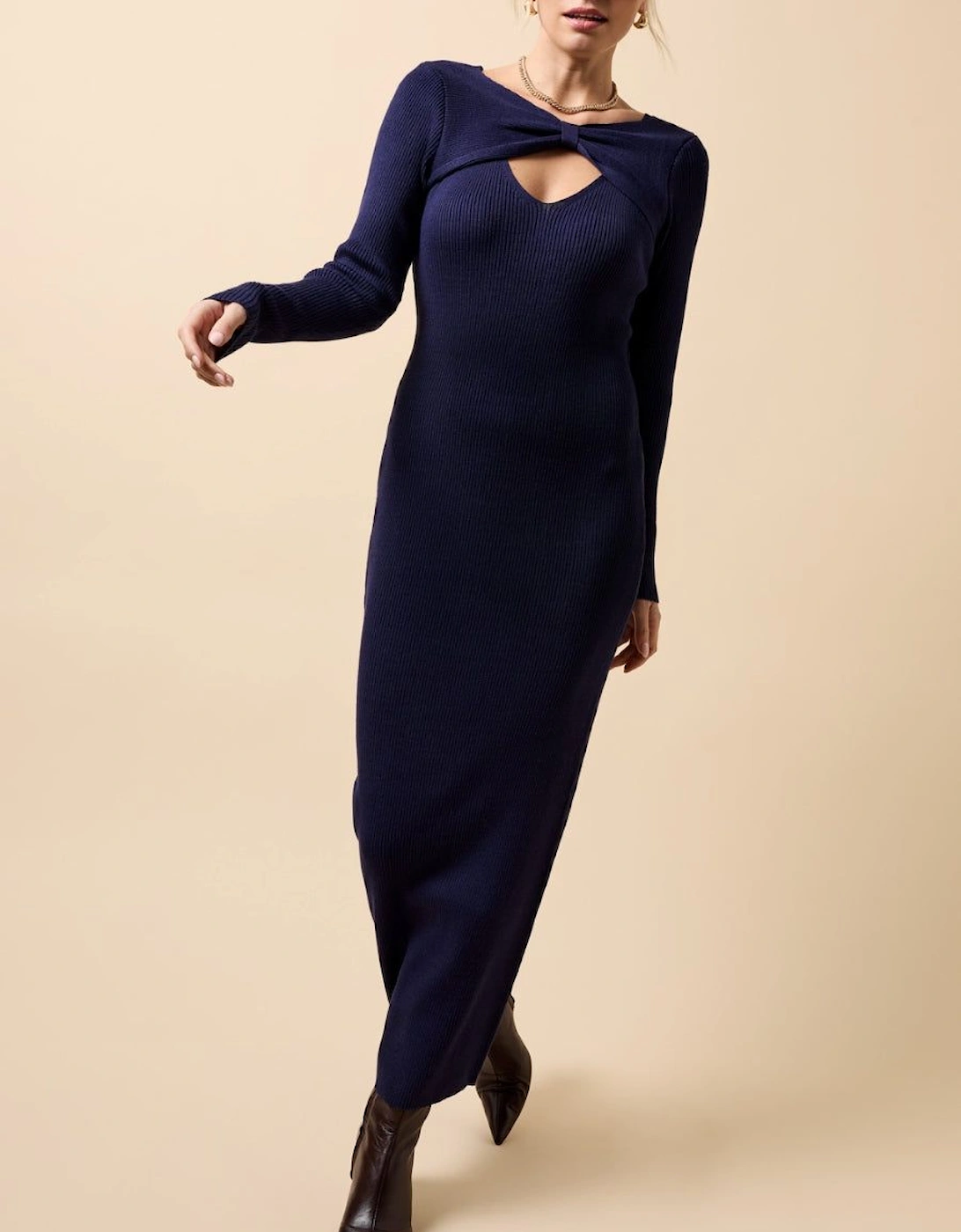 Navy Knitted Keyhole Midaxi Dress, 2 of 1