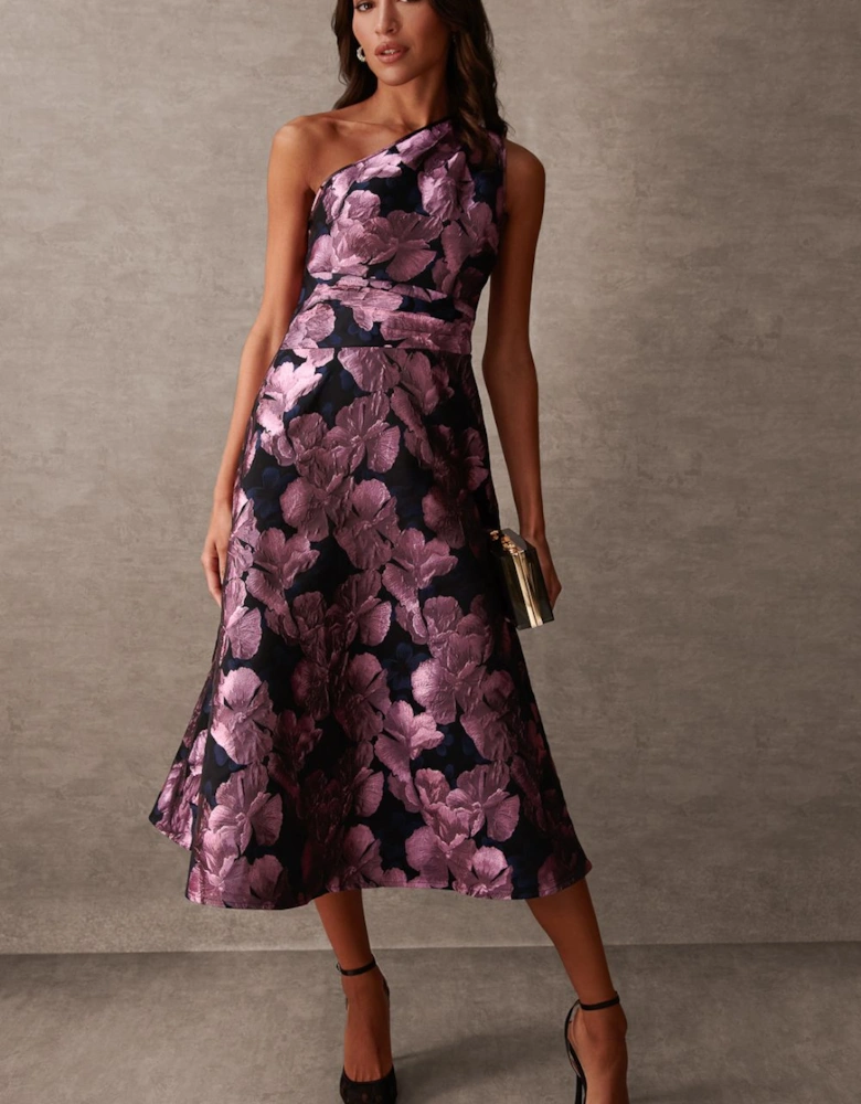 Luxe One Shoulder Jacquard Midi Dress
