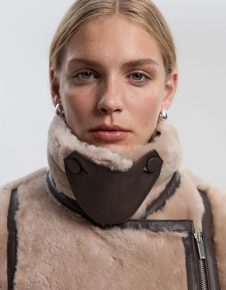 Shearling & Leather Tipped  High Neck Coat