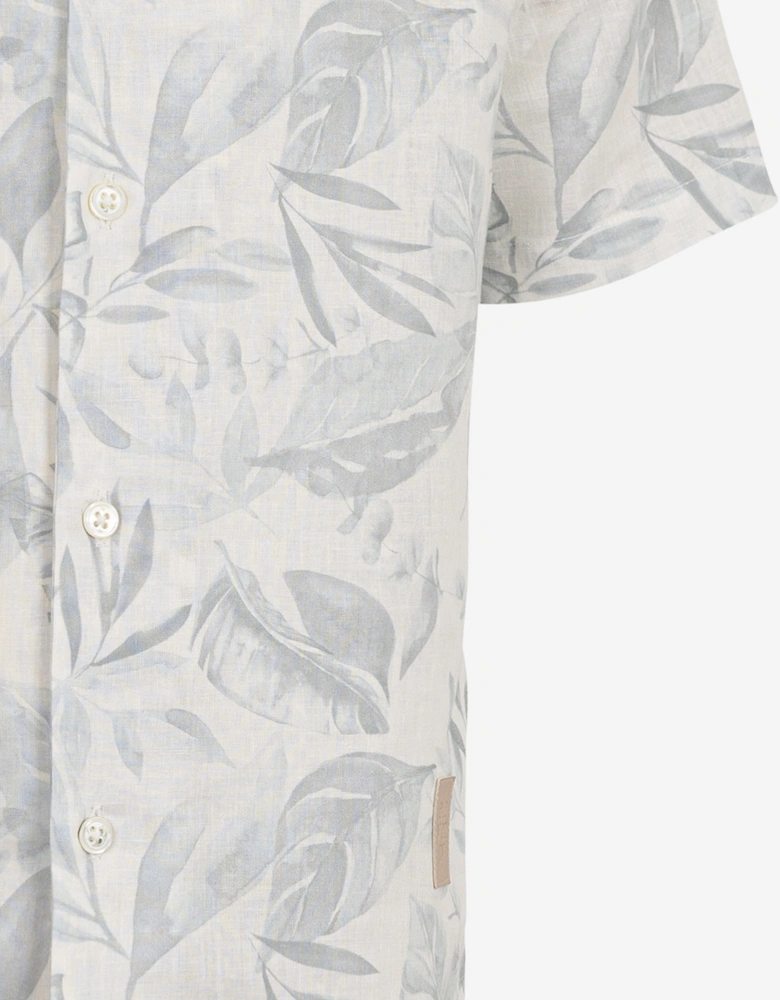 Boys Linen Leaf Print Shirt in Ivory