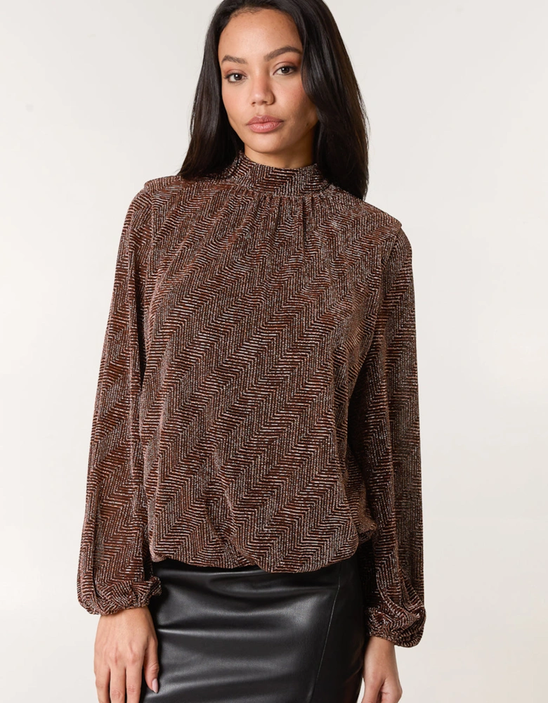 Bronze Lurex Puffball High Neck Blouse