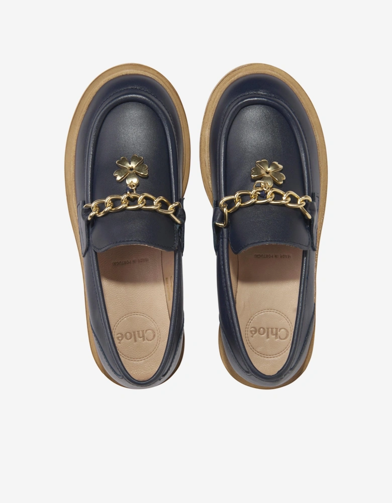 Girls Leather Moccasins in Navy