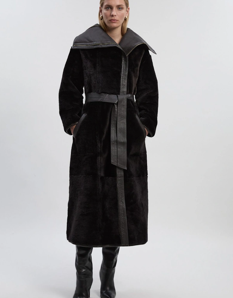 Reversible Shearling & Leather High Collar Maxi Coat