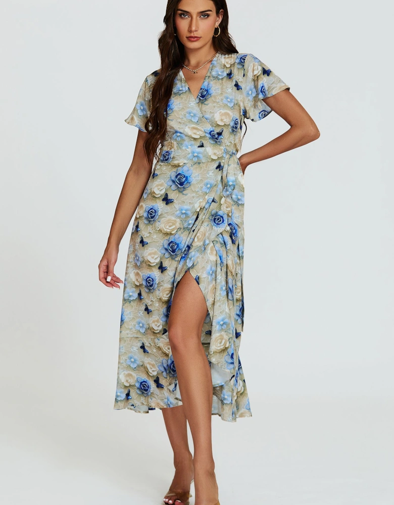 Floral Print Wrap Hem Midi Dress In Beige
