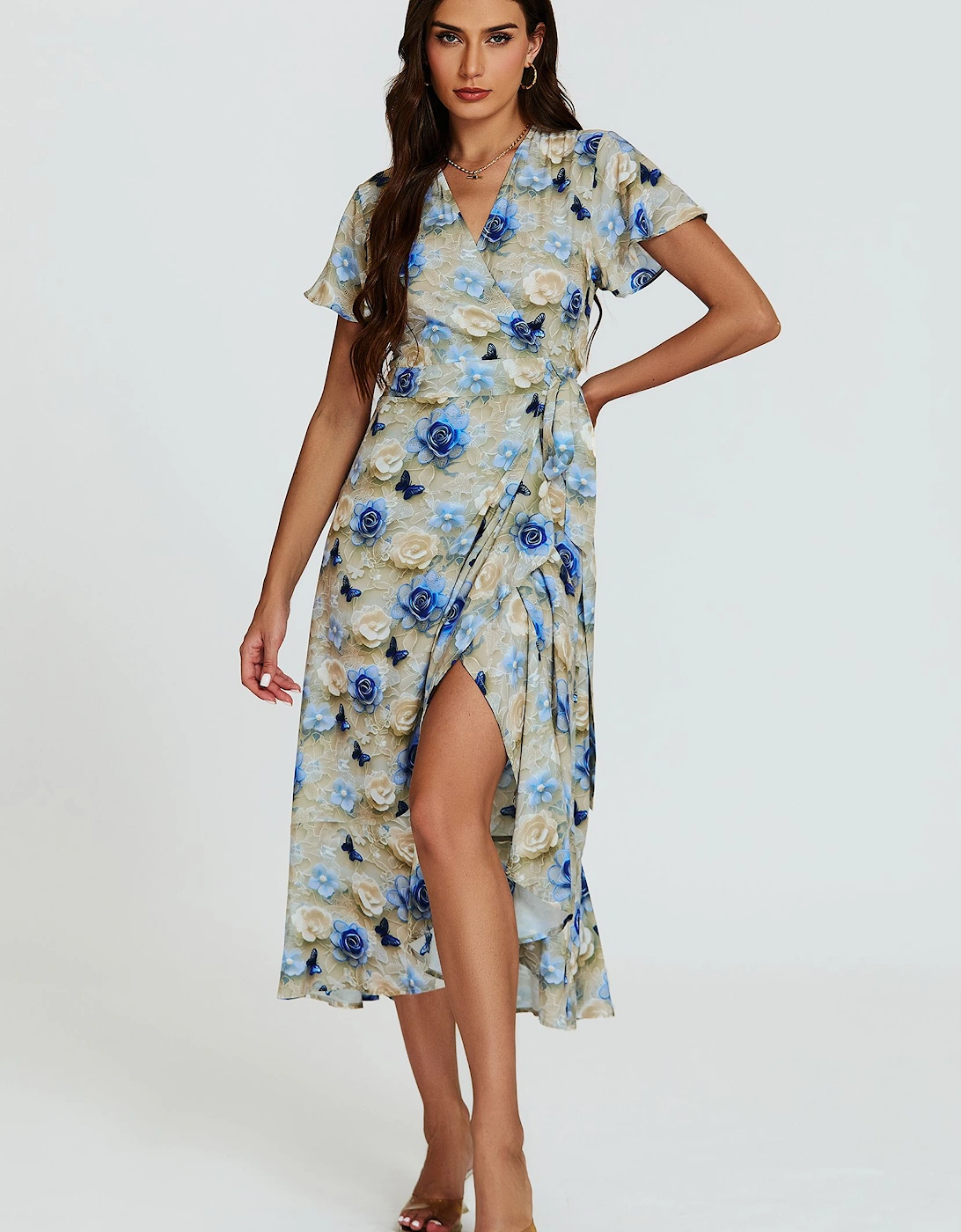 Floral Print Wrap Hem Midi Dress In Beige, 2 of 1