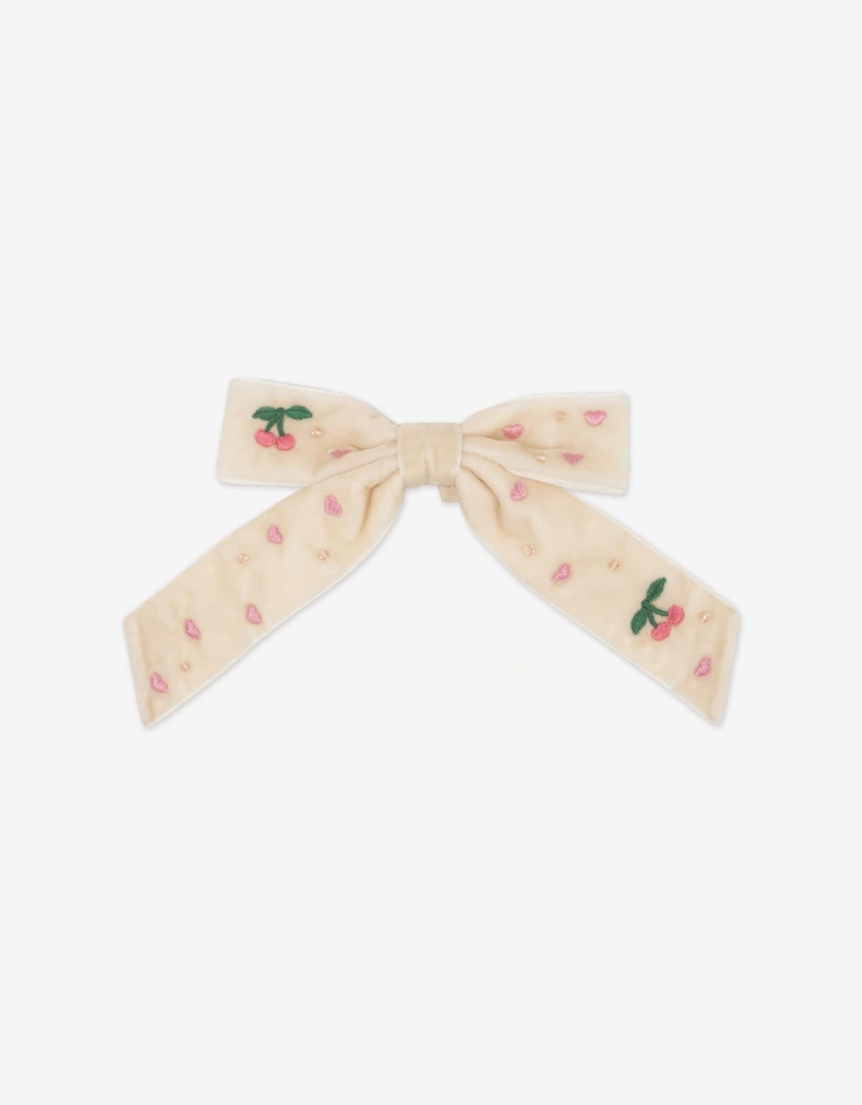 Girls Velvet Bow Pearly Hair Clip in Ivory
