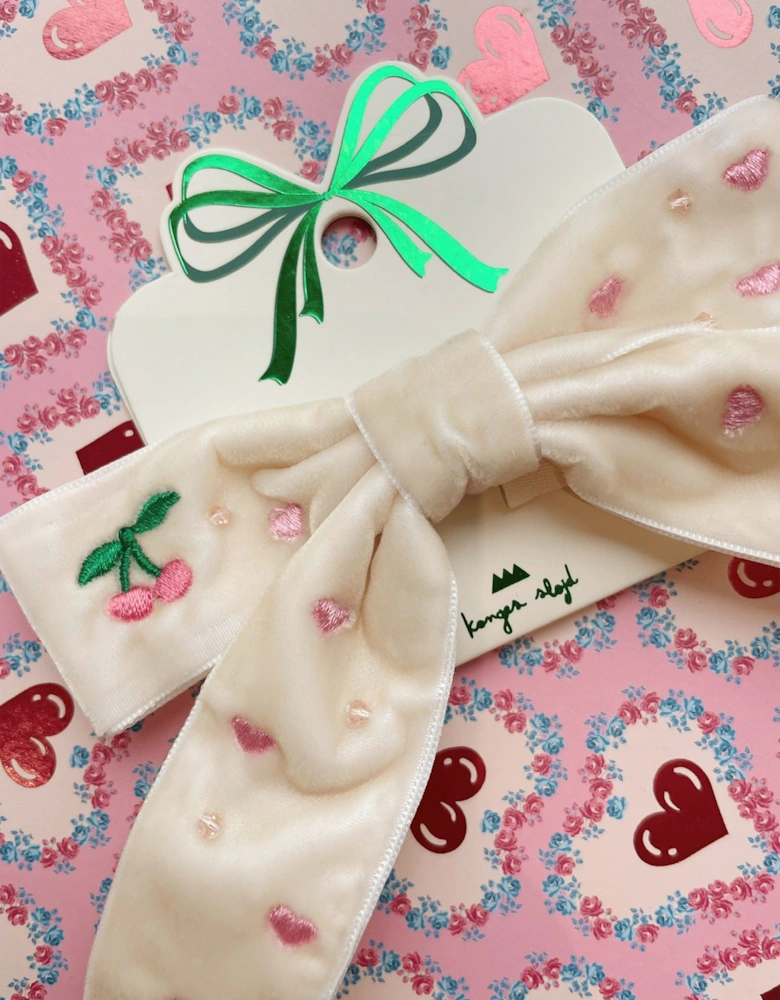 Girls Velvet Bow Pearly Hair Clip in Ivory