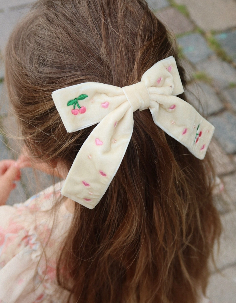 Girls Velvet Bow Pearly Hair Clip in Ivory