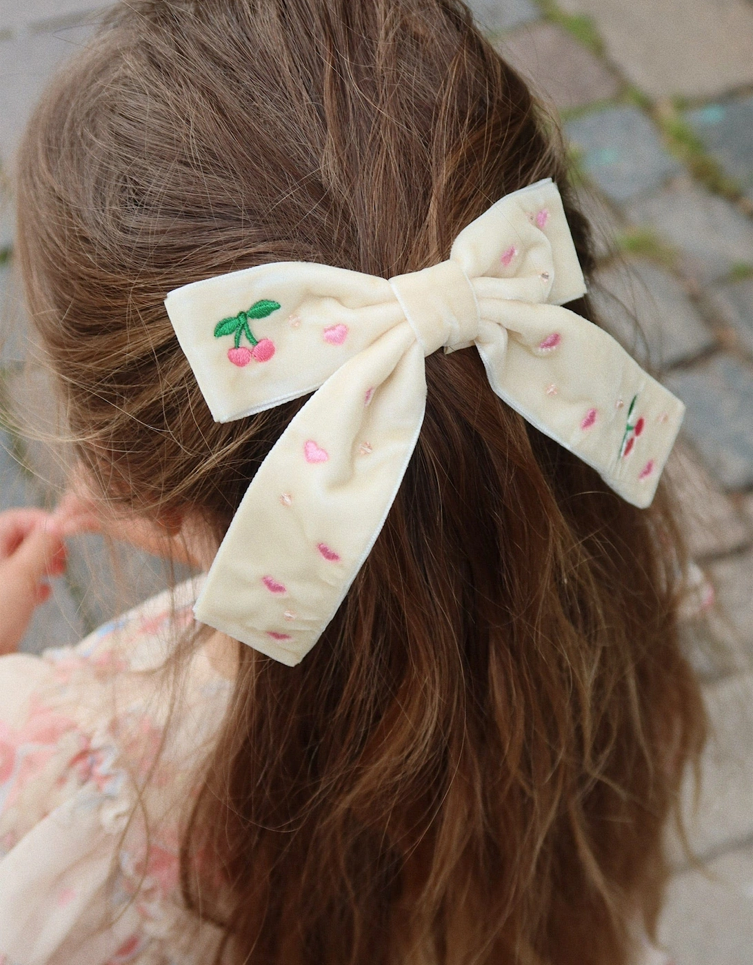 Girls Velvet Bow Pearly Hair Clip in Ivory