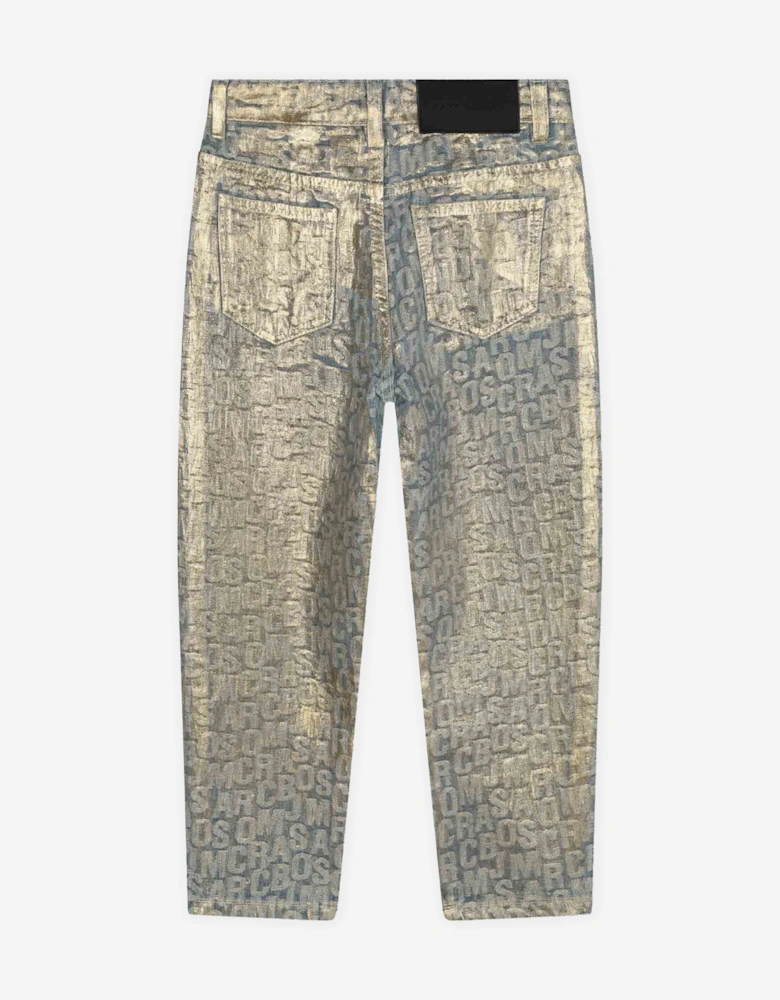 Girls Jacquard Logo Jeans in Gold