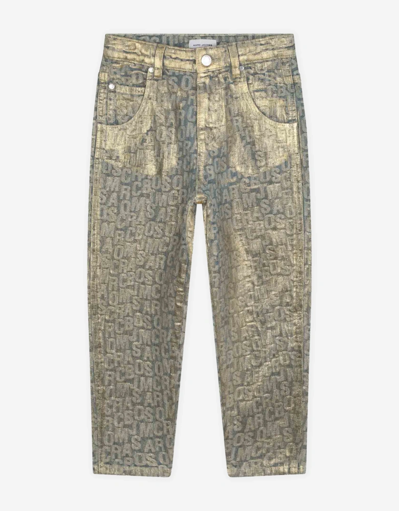 Girls Jacquard Logo Jeans in Gold