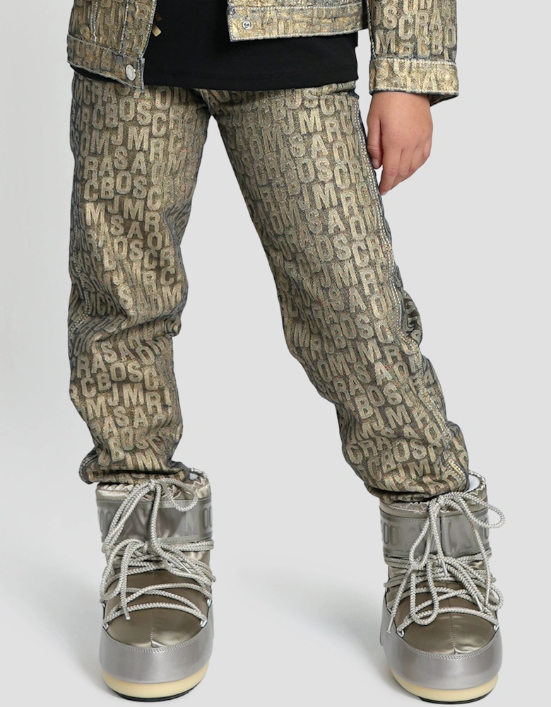 Girls Jacquard Logo Jeans in Gold