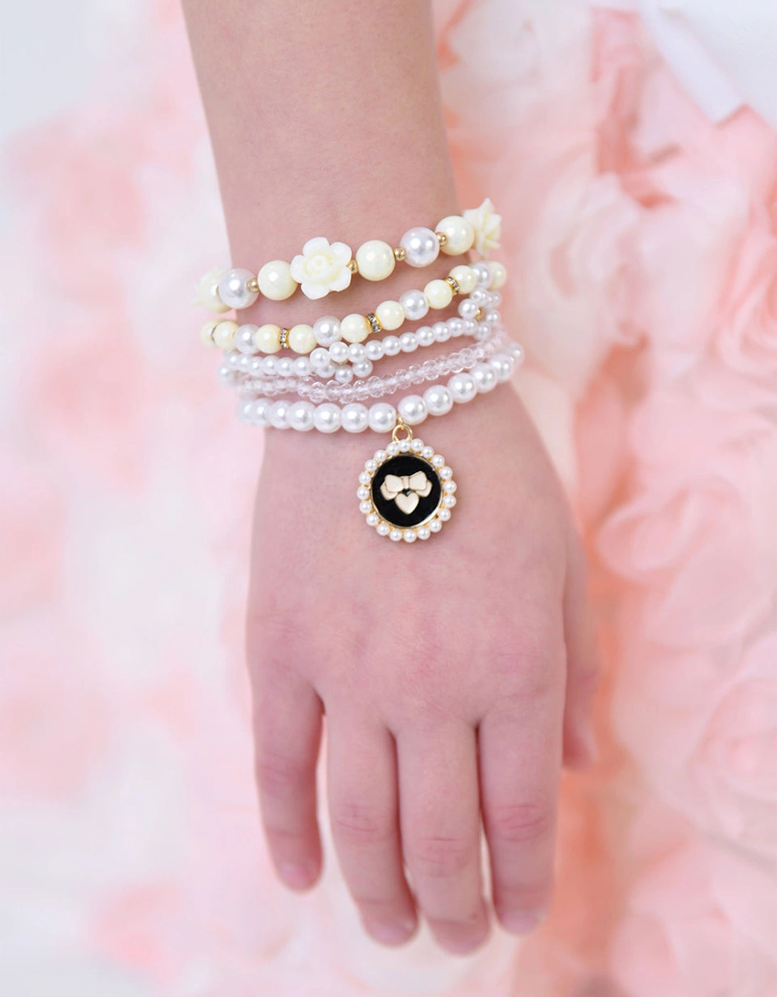 Angels Face Girls Pearl and Pendant Bracelet Set in White