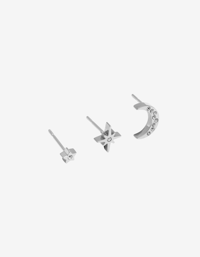 Celestial North Star and Moon Stud Earrings Set in Silver