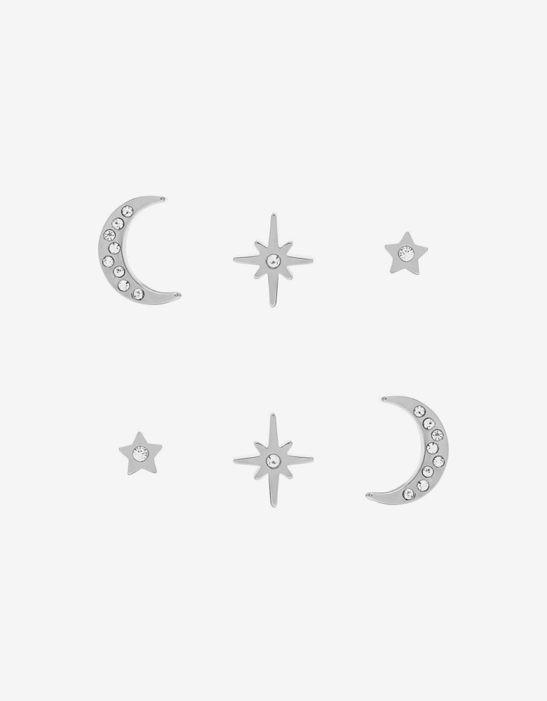 Celestial North Star and Moon Stud Earrings Set in Silver