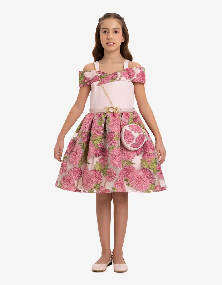 Girls Jacquard Dress with Bag in Pink