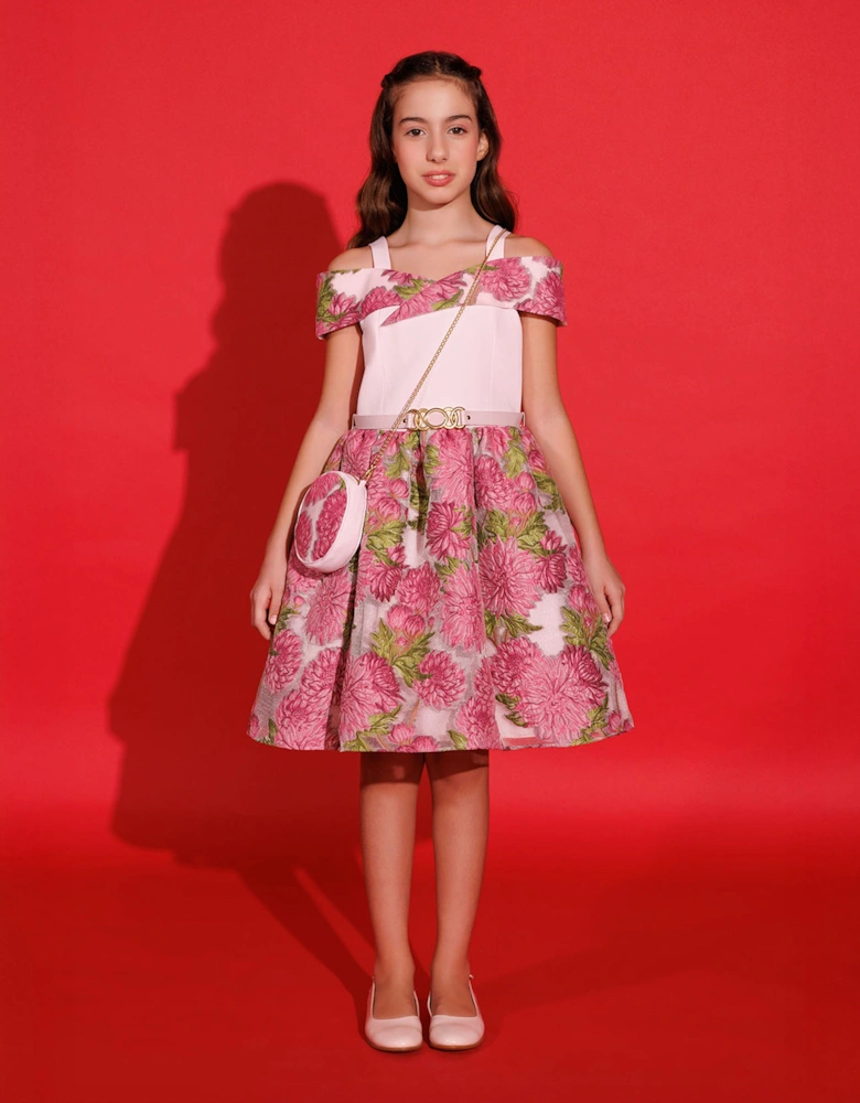 Girls Jacquard Dress with Bag in Pink